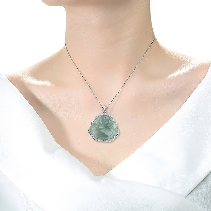 ATELIER-TIBET Collier Bouddha en Jade & Argent 925 – 45 cm (36×31 mm)