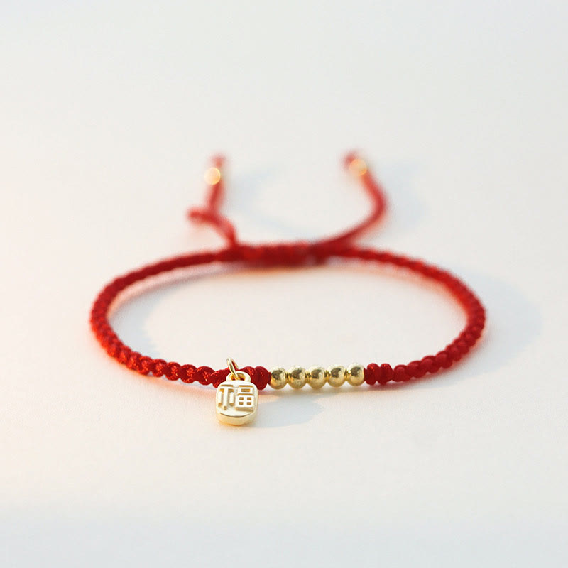 ATELIER-TIBET – Bracelet Fil Rouge avec Symbole Fu (福) en Cuivre