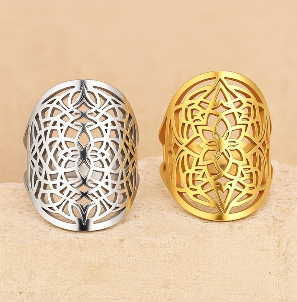 ATELIER-TIBET – Bague “Fleur de Mandala” en Acier Inoxydable – Harmonie Symbolique & Élégance Intérieure