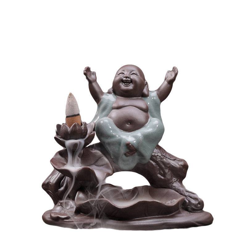 ATELIER-TIBET – Brûleur d’Encens en Céramique Lotus & Petit Moine à Reflux