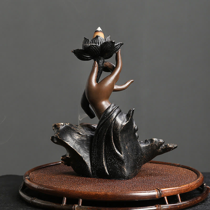 ATELIER-TIBET Brûleur d'encens à reflux en résine avec Buddha Stones et main de Bouddha, motif de nuages propices, méditation