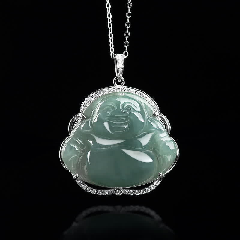 ATELIER-TIBET Collier Bouddha en Jade & Argent 925 – 45 cm (36×31 mm)