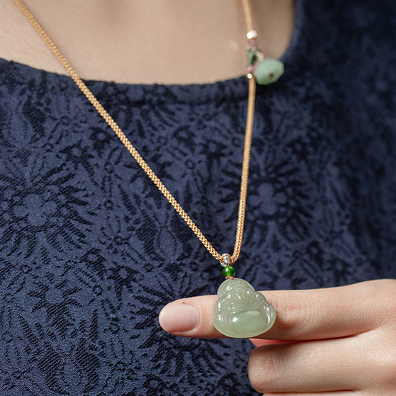 ATELIER-TIBET Collier Jade Lotus & Bouddha Rieur – 75 cm