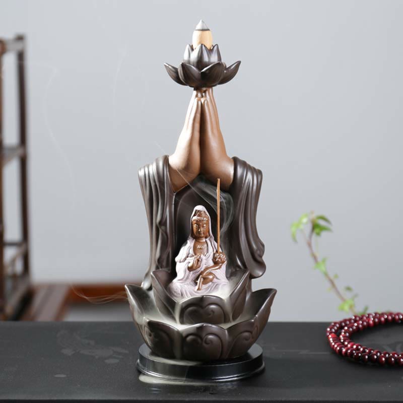 ATELIER-TIBET Brûleur d'encens à reflux en céramique Bouddha Avalokitesvara Chenrezig Ksitigarbha avec bénédiction du lotus