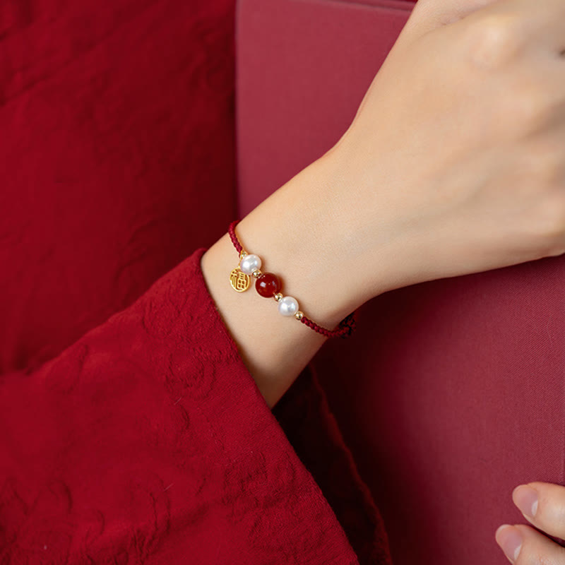 ATELIER-TIBET – Bracelet Fil Rouge en Argent Sterling 925 avec Symbole Fu (福)