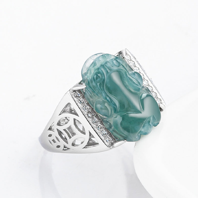 ATELIER-TIBET – Bague Pixiu en Jade Naturel & Argent Sterling 925 – Talisman Symbolique de Prospérité