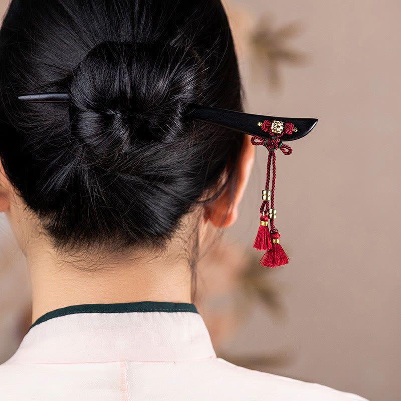 ATELIER-TIBET Pic à Cheveux Ébène & Pampille Rouge – 18 cm