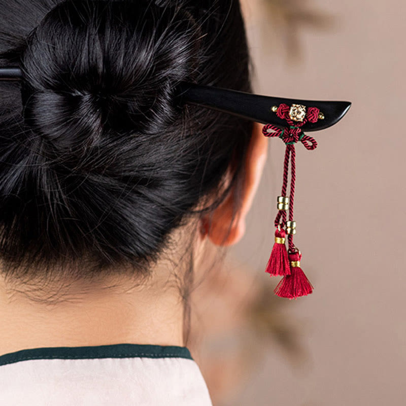ATELIER-TIBET Pic à Cheveux Ébène & Pampille Rouge – 18 cm