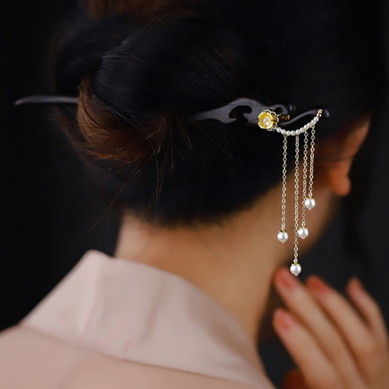 ATELIER-TIBET Pic à Cheveux Ébène & Perles Jaunes 18cm