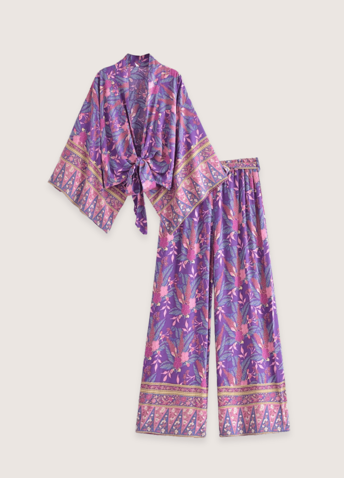 Ensemble kimono femme coton floral violet (veste + pantalon)