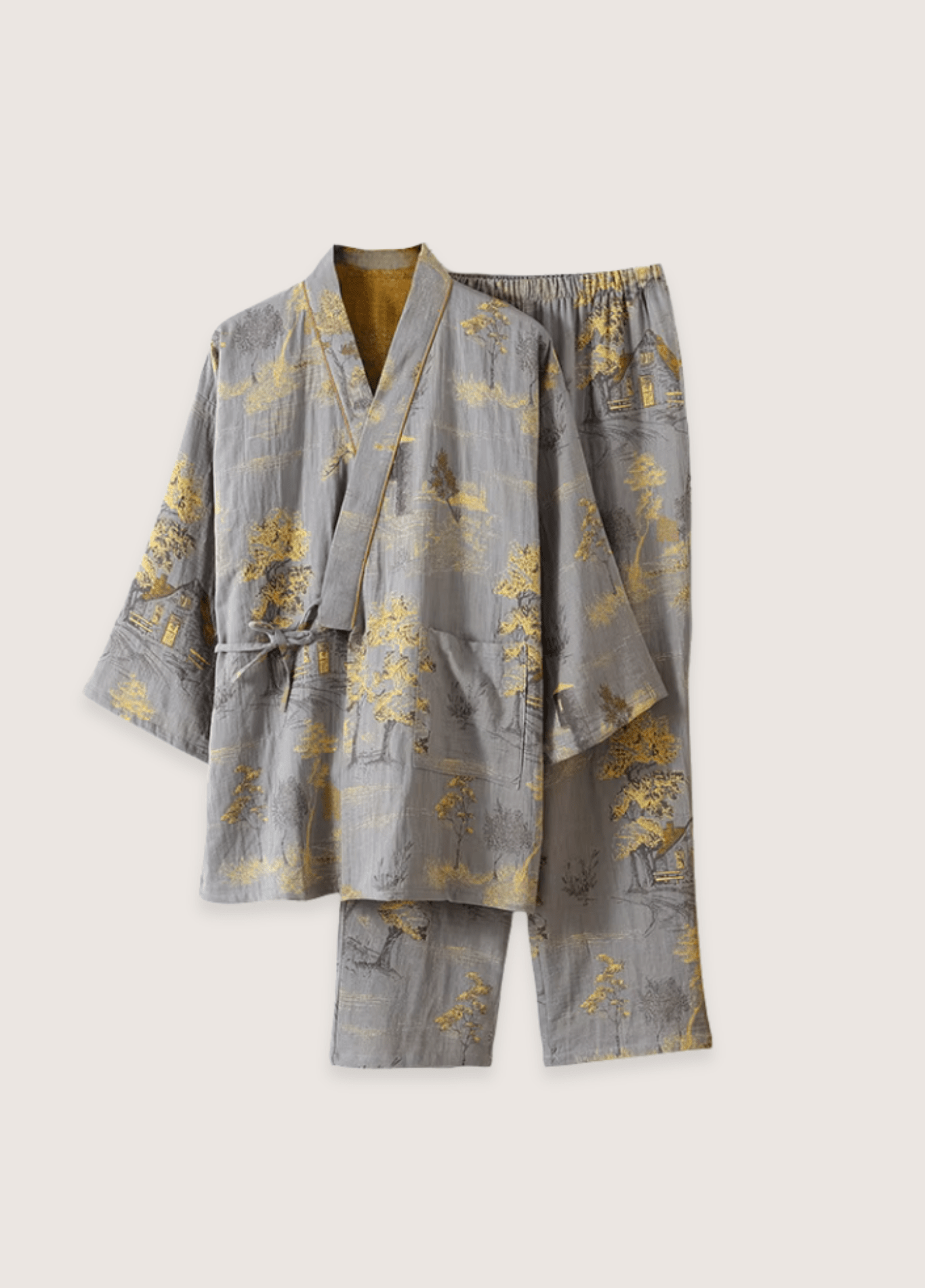 Ensemble pyjama kimono homme coton motif érable gris – Momiji