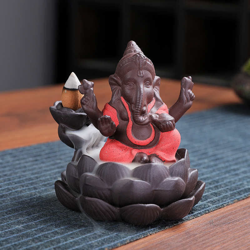 ATELIER-TIBET Brûleur d'encens à reflux en argile violette avec protection contre la fumée de l'éléphant Ganesh