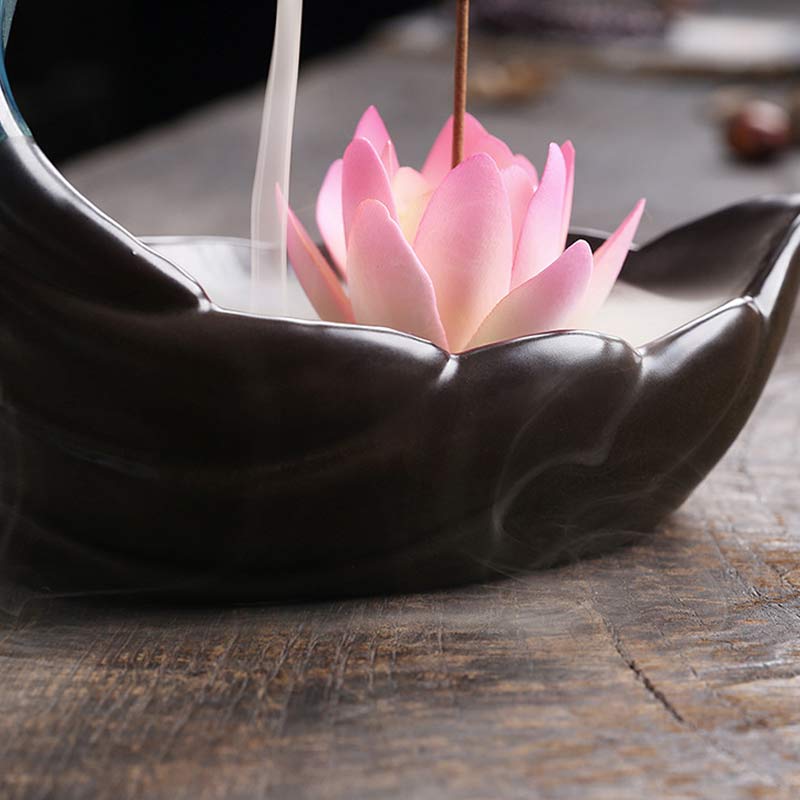 ATELIER-TIBET – Brûleur d’Encens en Céramique Lotus & Cerf à Reflux