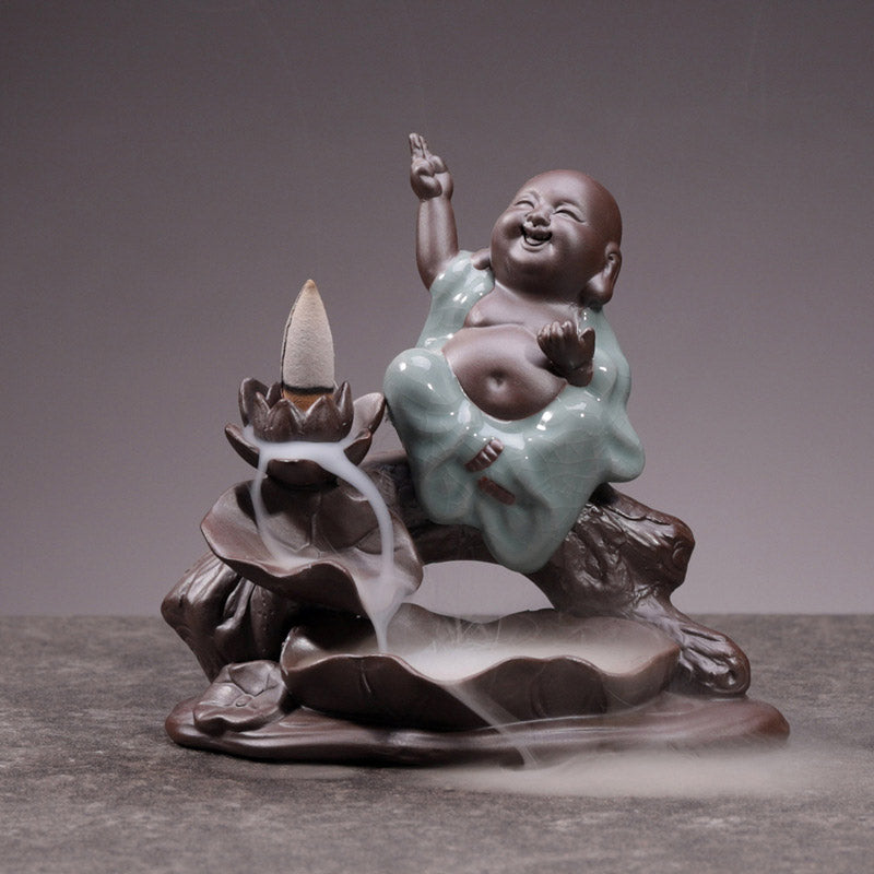 ATELIER-TIBET – Brûleur d’Encens en Céramique Lotus & Petit Moine à Reflux