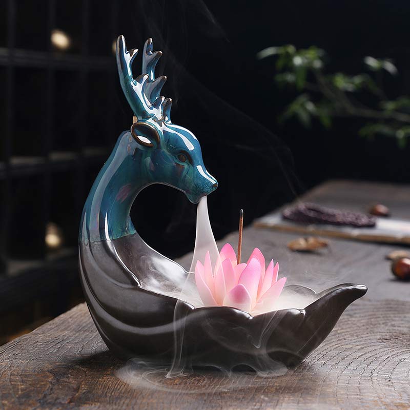 ATELIER-TIBET Brûleur d'encens de méditation en céramique Buddha Stones Little Deer Lotus