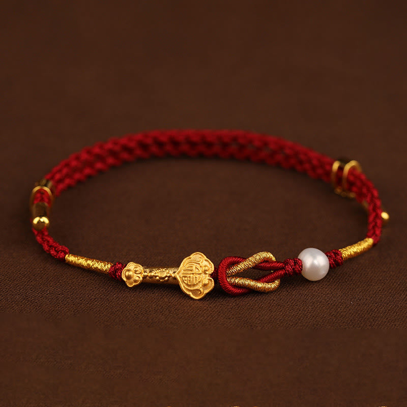 ATELIER-TIBET – Bracelet Porte-Bonheur Ruyi Fu en Or 24 Carats & Fil Rouge Ajustable