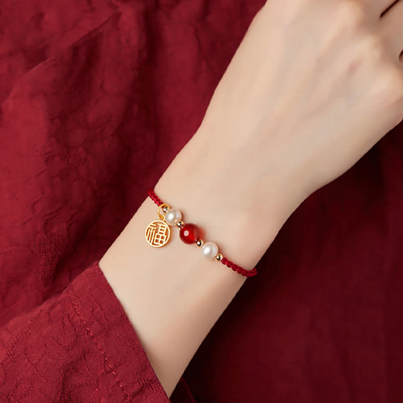 ATELIER-TIBET – Bracelet Fil Rouge en Argent Sterling 925 avec Symbole Fu (福)