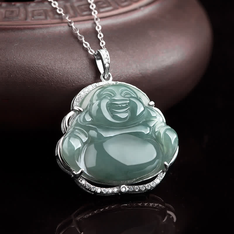 ATELIER-TIBET Collier Bouddha en Jade & Argent 925 – 45 cm (36×31 mm)