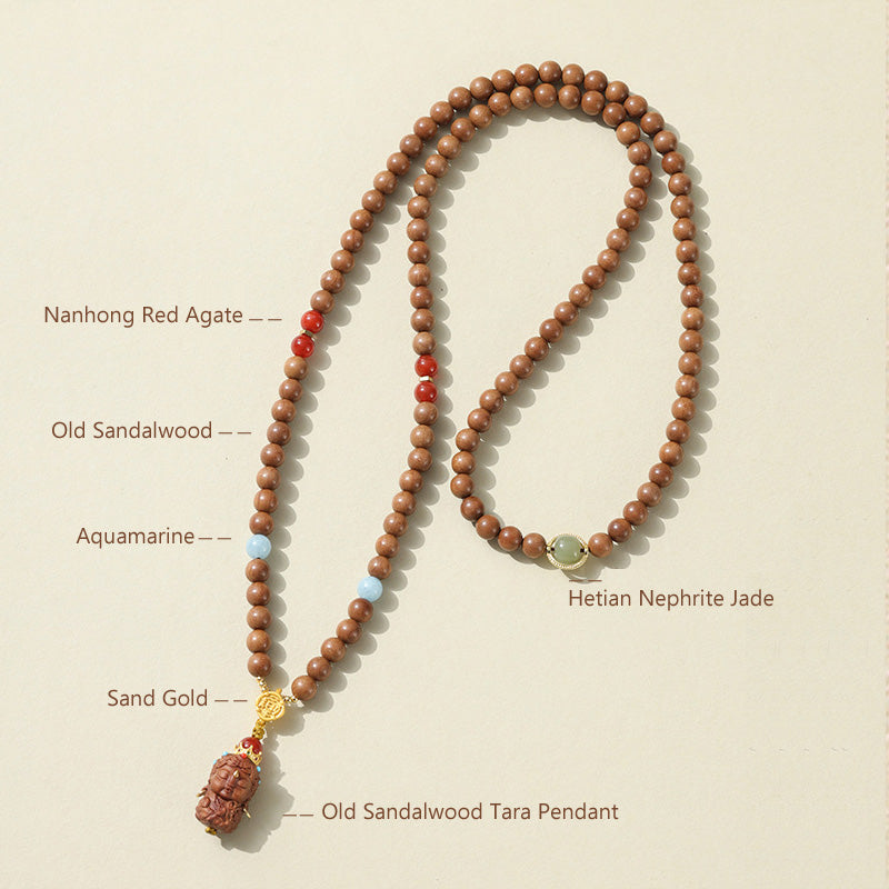 ATELIER-TIBET Bracelet Mala en Bois de Santal Ancien – Symboles Sacrés & Pierres Naturelles