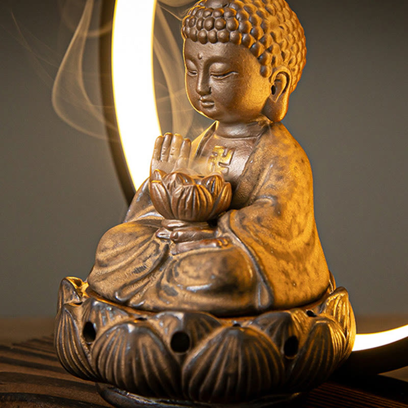 ATELIER-TIBET Brûleur d’Encens Reflux Bouddha Lotus en Céramique – Porte-Encens LED