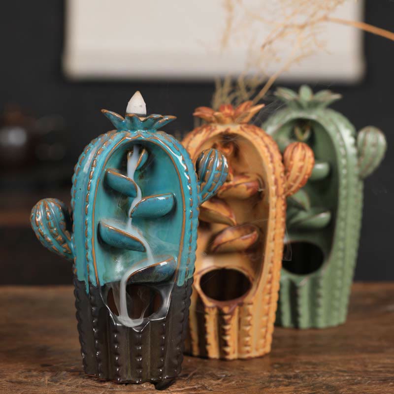 ATELIER-TIBET Brûleur d'encens à reflux en céramique Cactus Healing Smoke Fountain