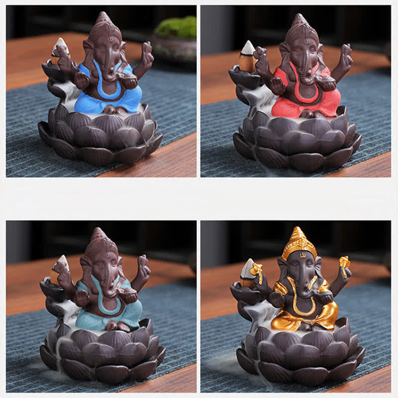 ATELIER-TIBET Brûleur d'encens à reflux en argile violette avec protection contre la fumée de l'éléphant Ganesh