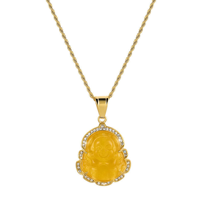ATELIER-TIBET Pendentif Bouddha Rieur en Jade & Plaqué Or 18K – 45+7 cm