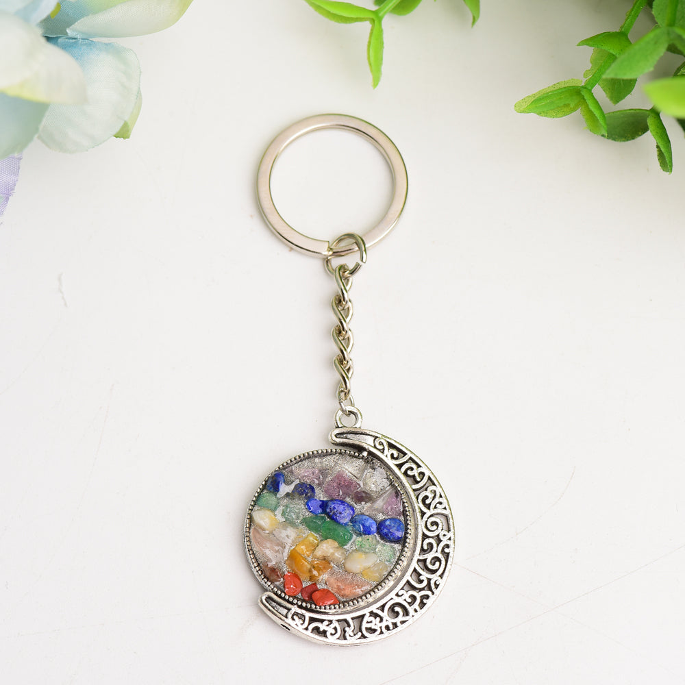 ATELIER-TIBET — Porte-clés Lune Croissante Chakra Or ou Argent — Bijou Spirituel Symbolique (90 mm)