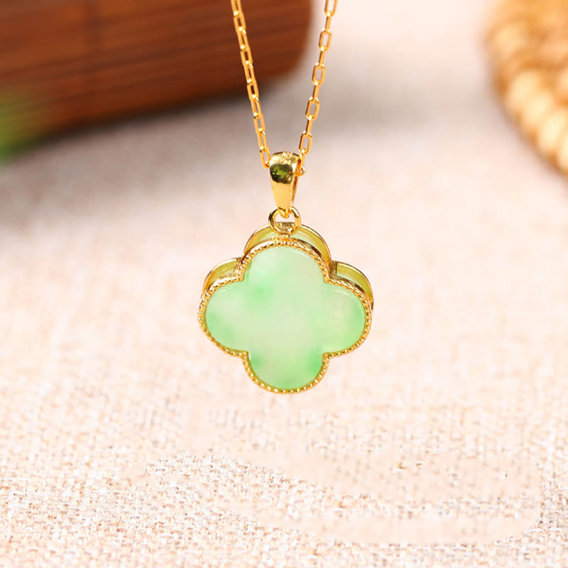 ATELIER-TIBET – Collier Porte-Bonheur en Jade Naturel Trèfle à Quatre Feuilles