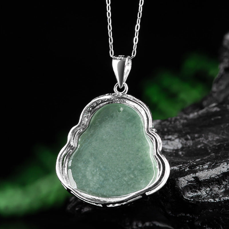 ATELIER-TIBET Collier Bouddha Rieur en Jade & Argent 925 – 45 cm