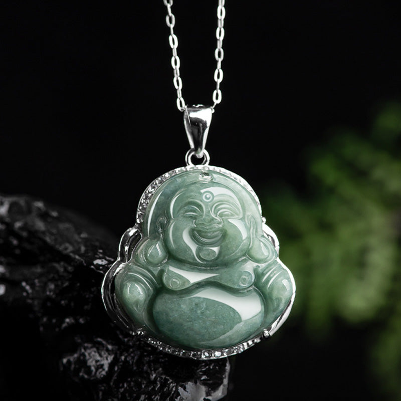 ATELIER-TIBET Collier Bouddha Rieur en Jade & Argent 925 – 45 cm