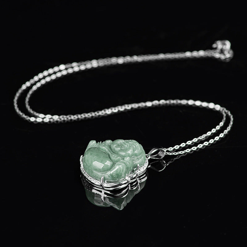 ATELIER-TIBET Collier Bouddha Rieur en Jade & Argent 925 – 45 cm