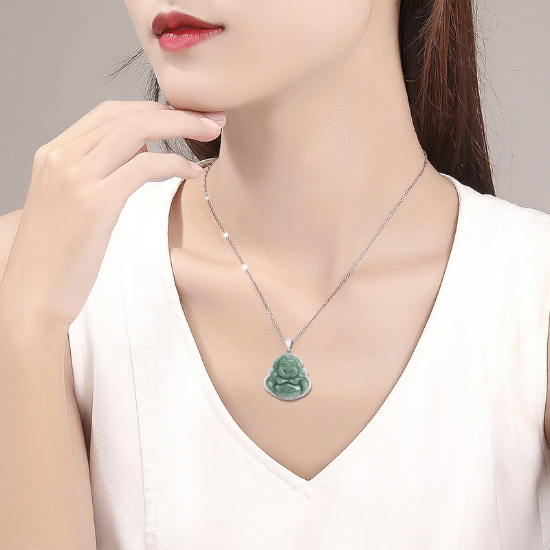 ATELIER-TIBET Collier Bouddha Rieur en Jade & Argent 925 – 45 cm