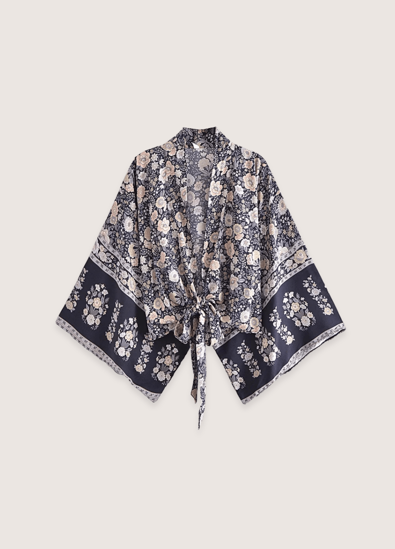 Kimono court femme floral gris