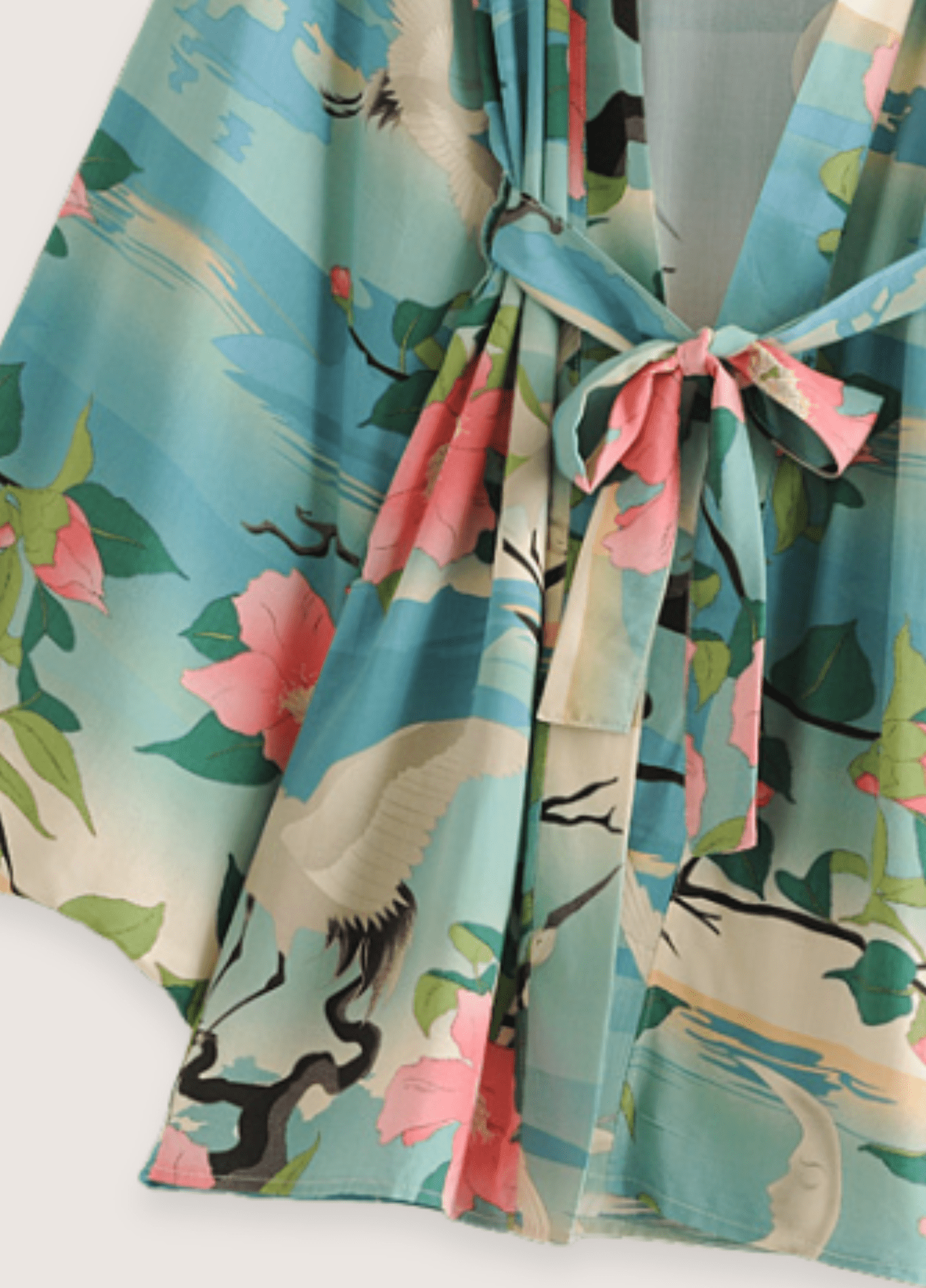 Kimono court femme motif grue vert – Évasion Tropicale