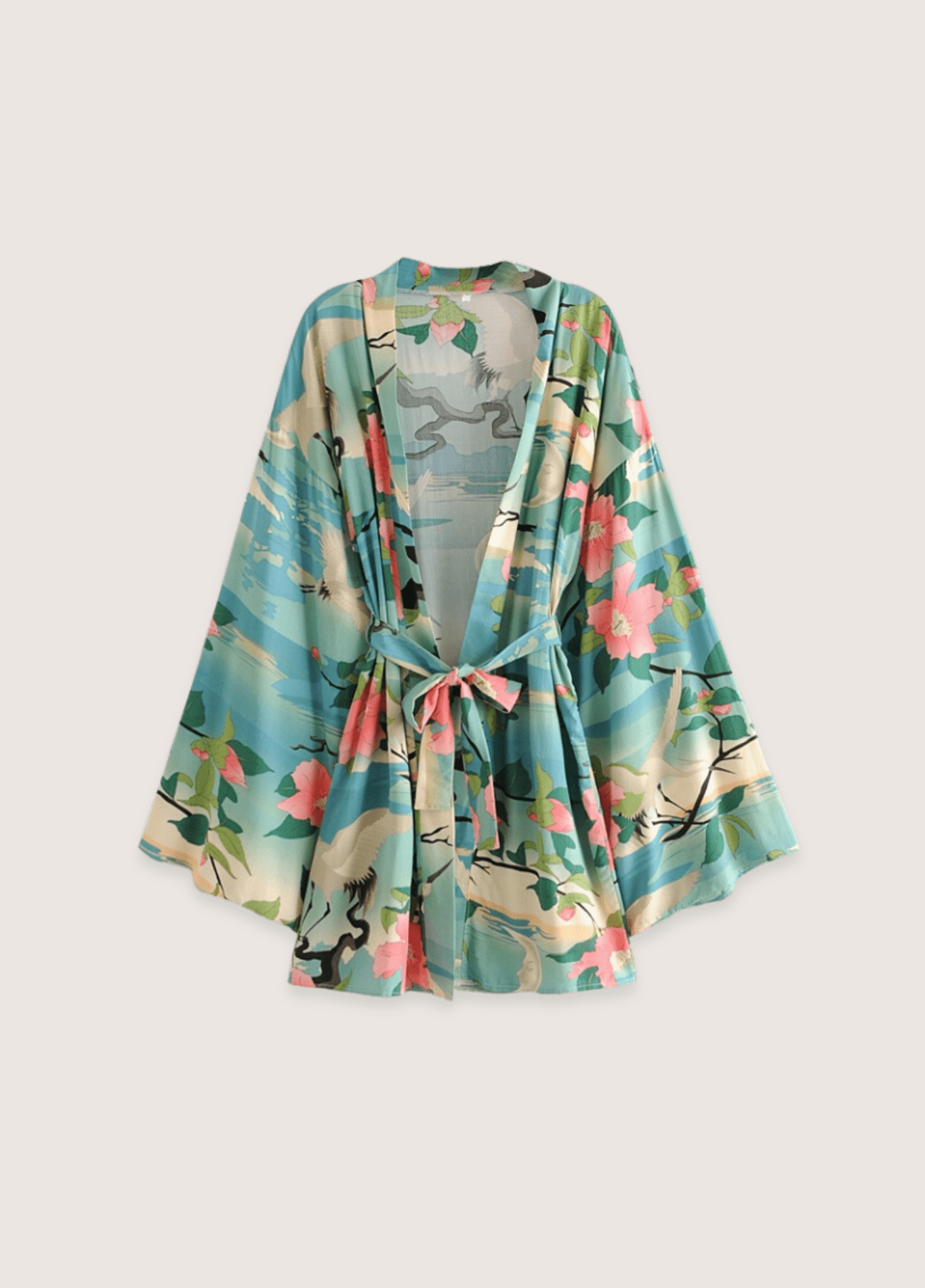 Kimono court femme motif grue vert – Évasion Tropicale