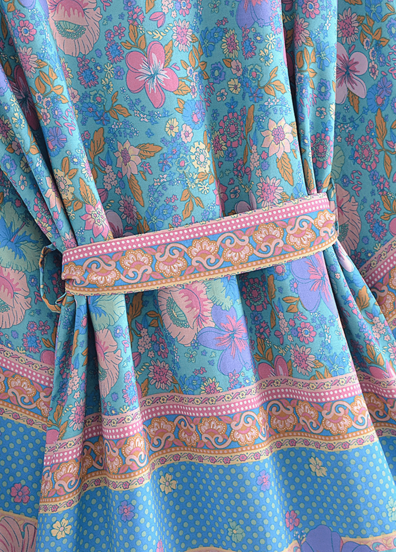 Kimono court femme coton floral bleu