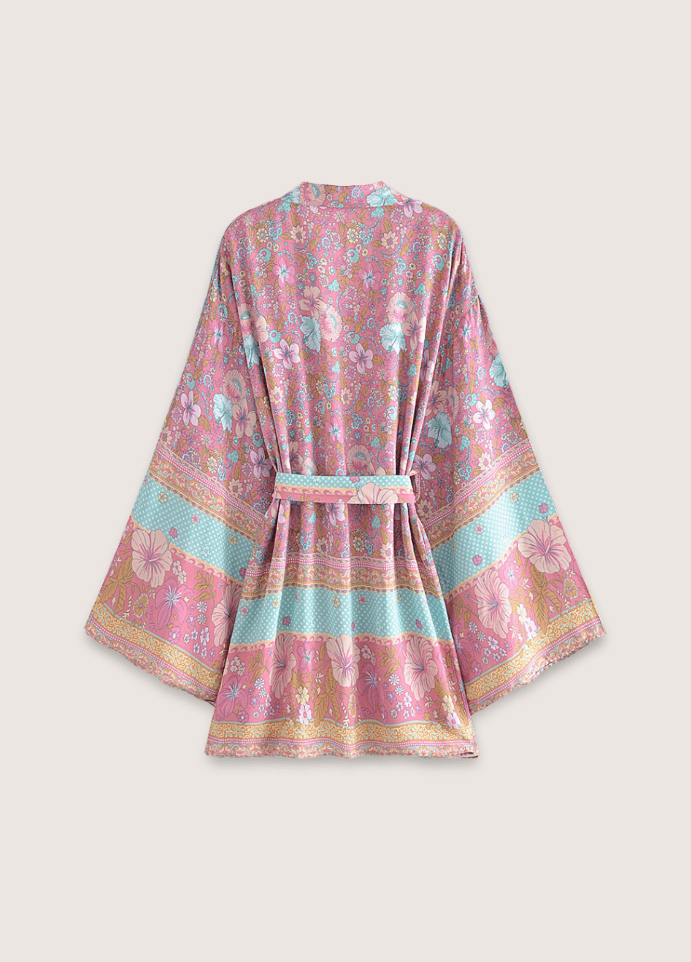 Kimono court femme coton floral rose