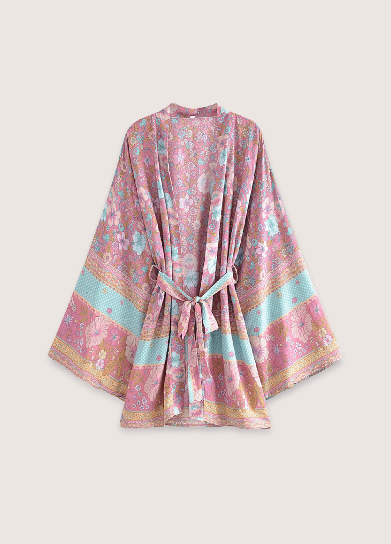 Kimono court femme coton floral rose