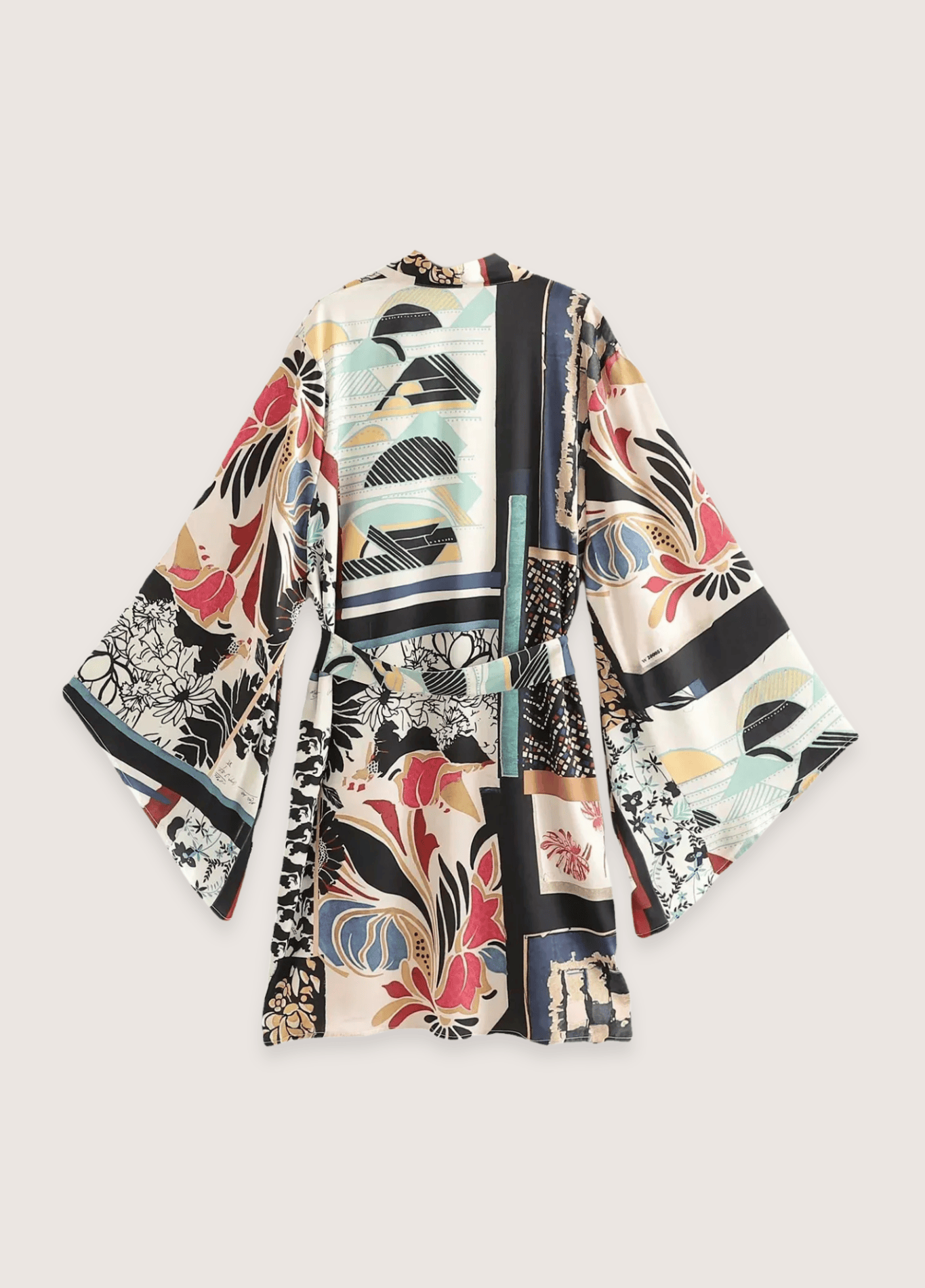 Kimono court femme soie motif pivoine multi – Kintsugi