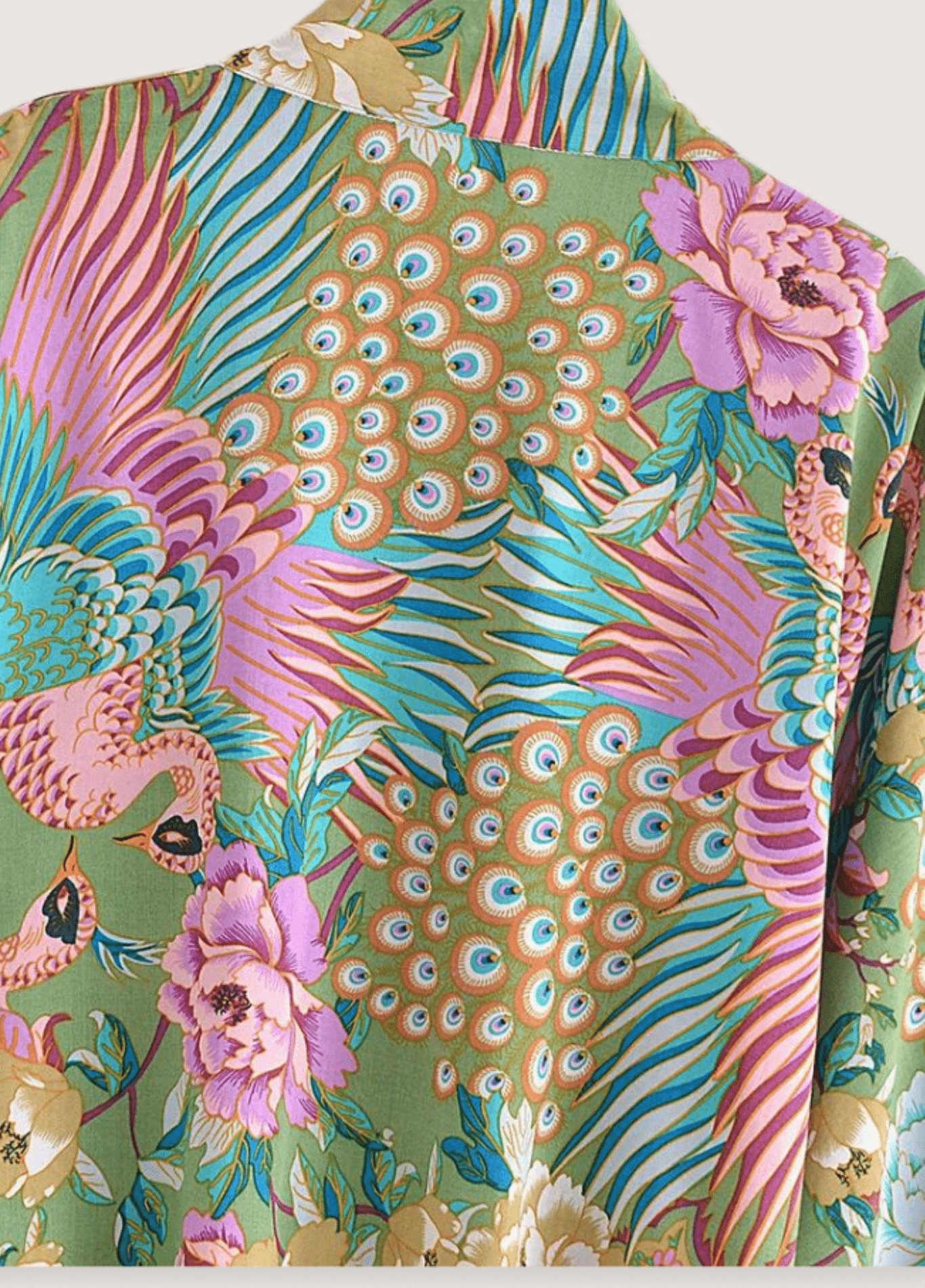 Kimono court femme coton motif paon pistache