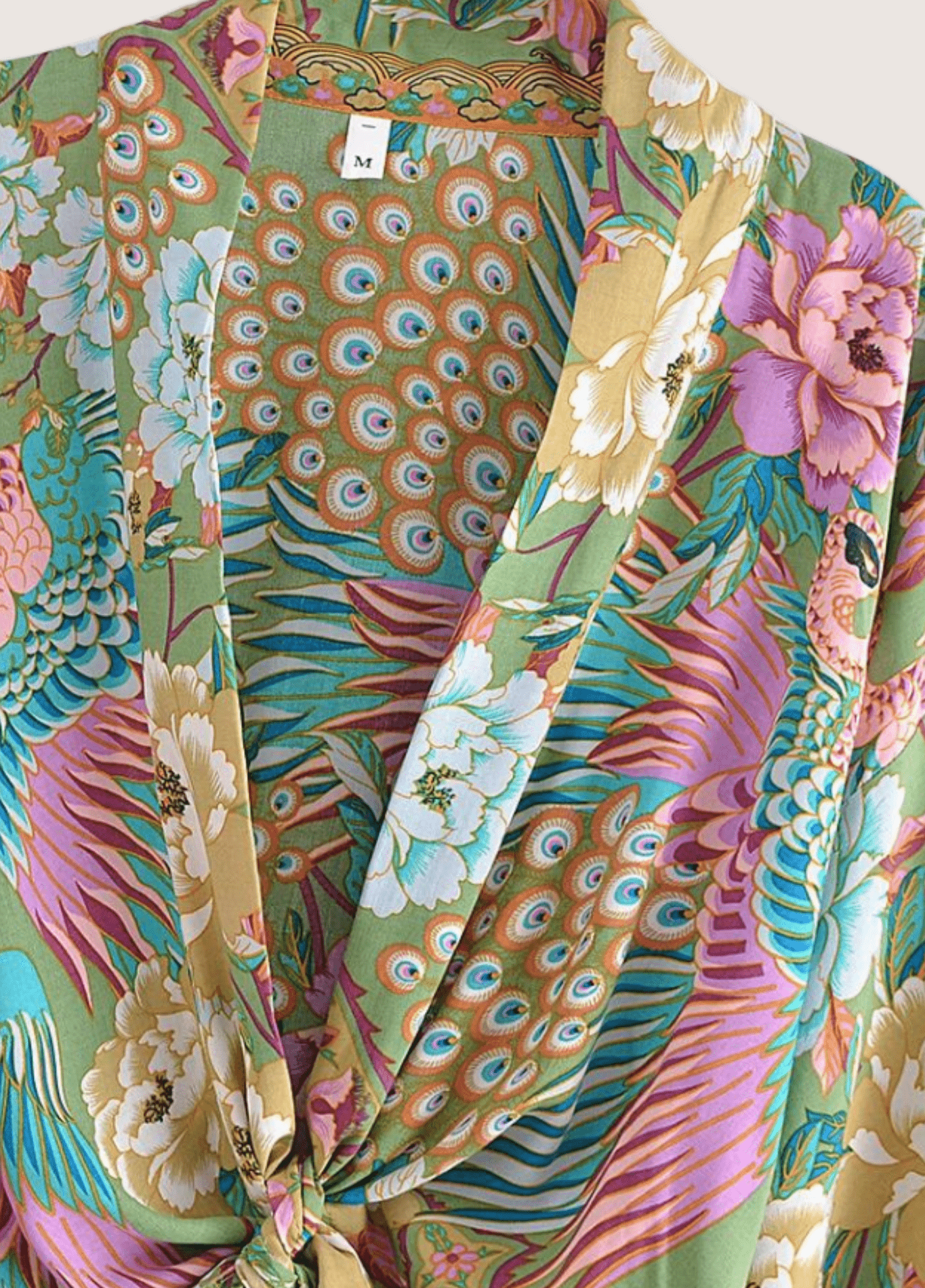 Kimono court femme coton motif paon pistache