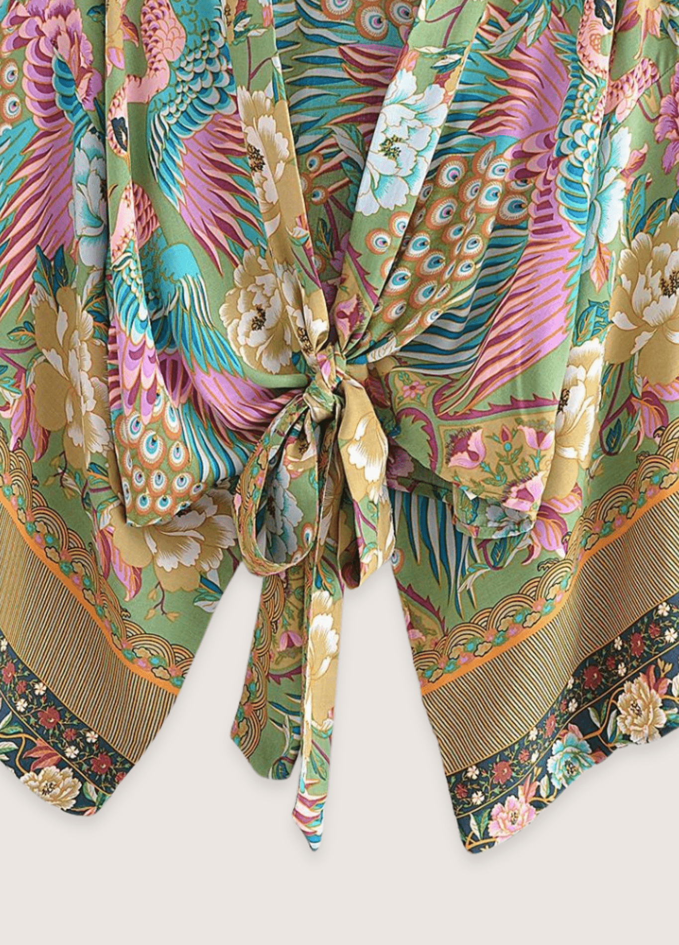 Kimono court femme coton motif paon pistache