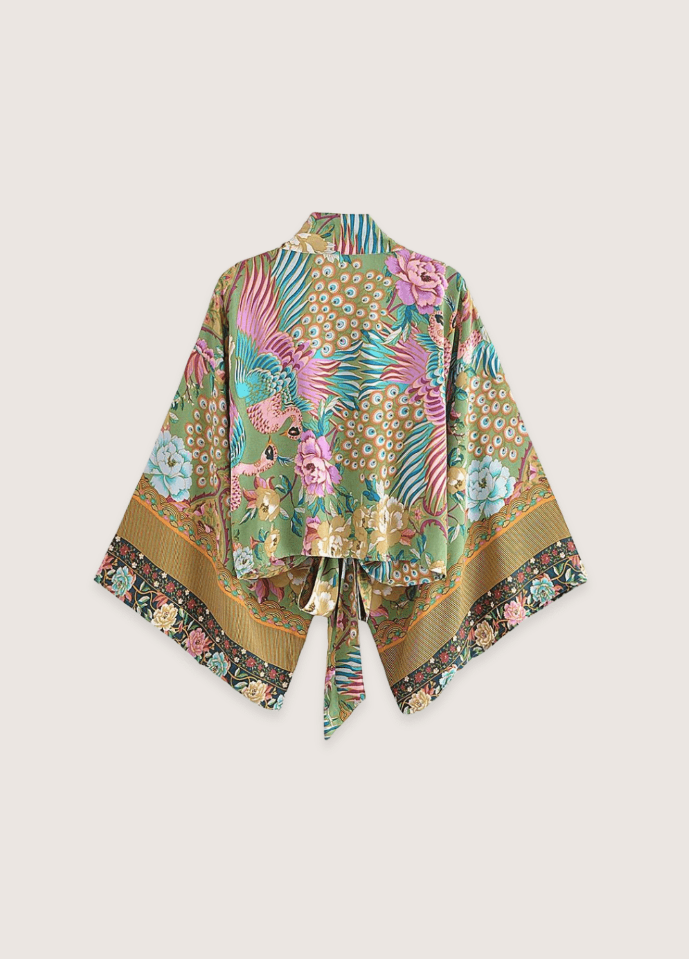 Kimono court femme coton motif paon pistache