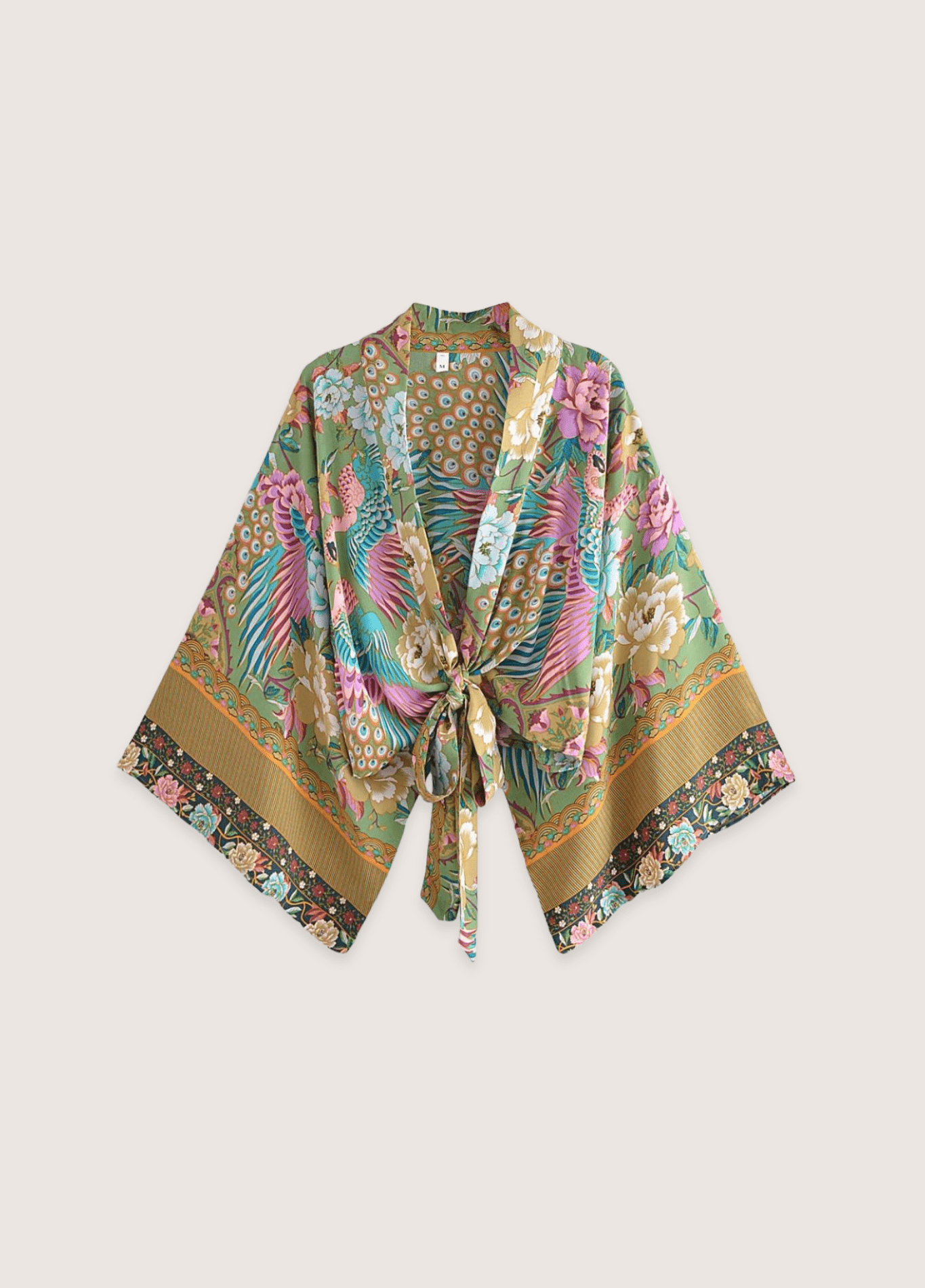 Kimono court femme coton motif paon pistache