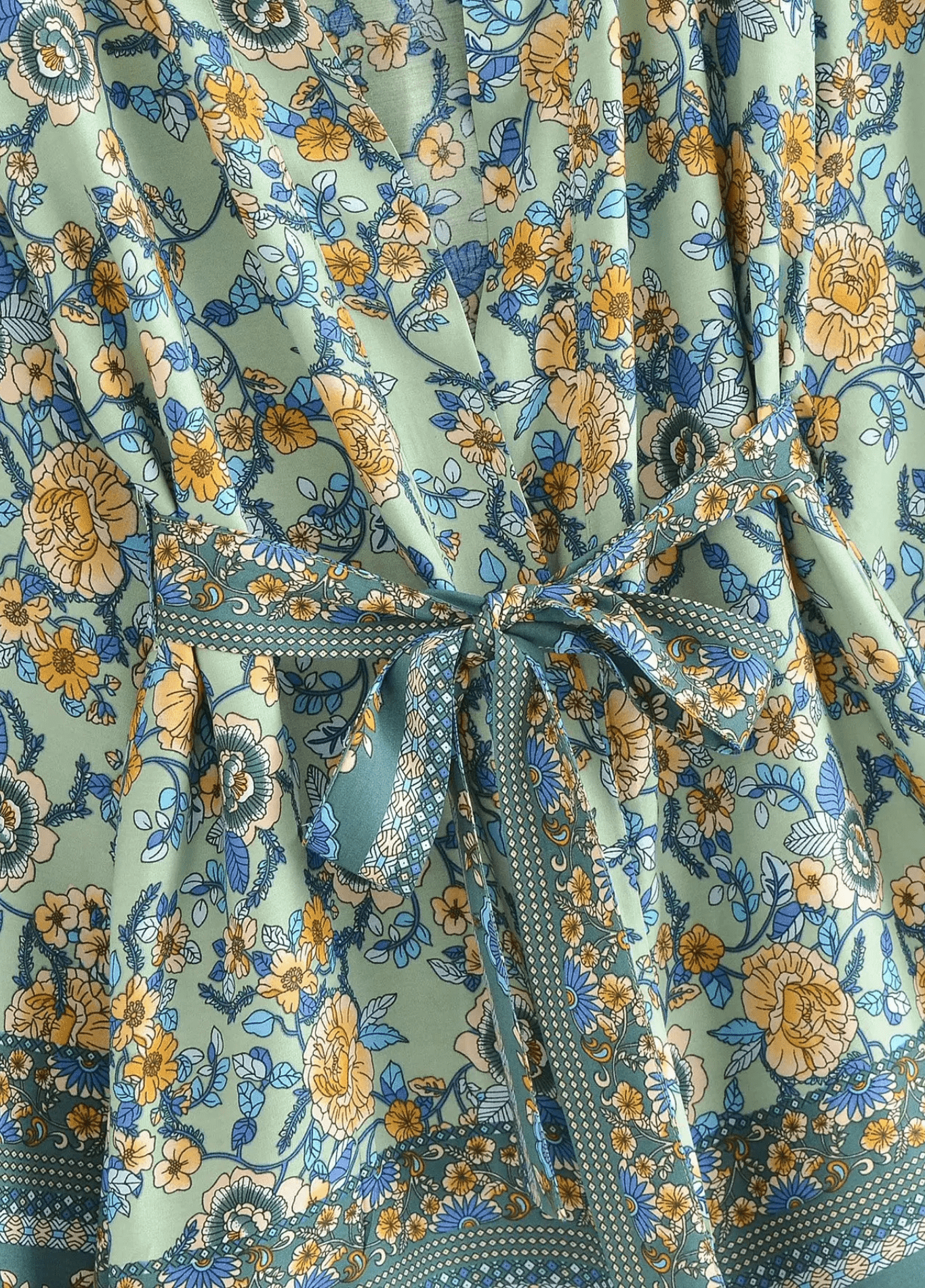 Kimono court femme motif pivoine vert – Azur Bohème