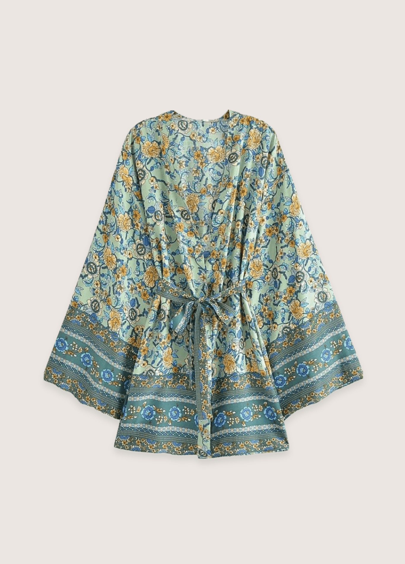 Kimono court femme motif pivoine vert – Azur Bohème