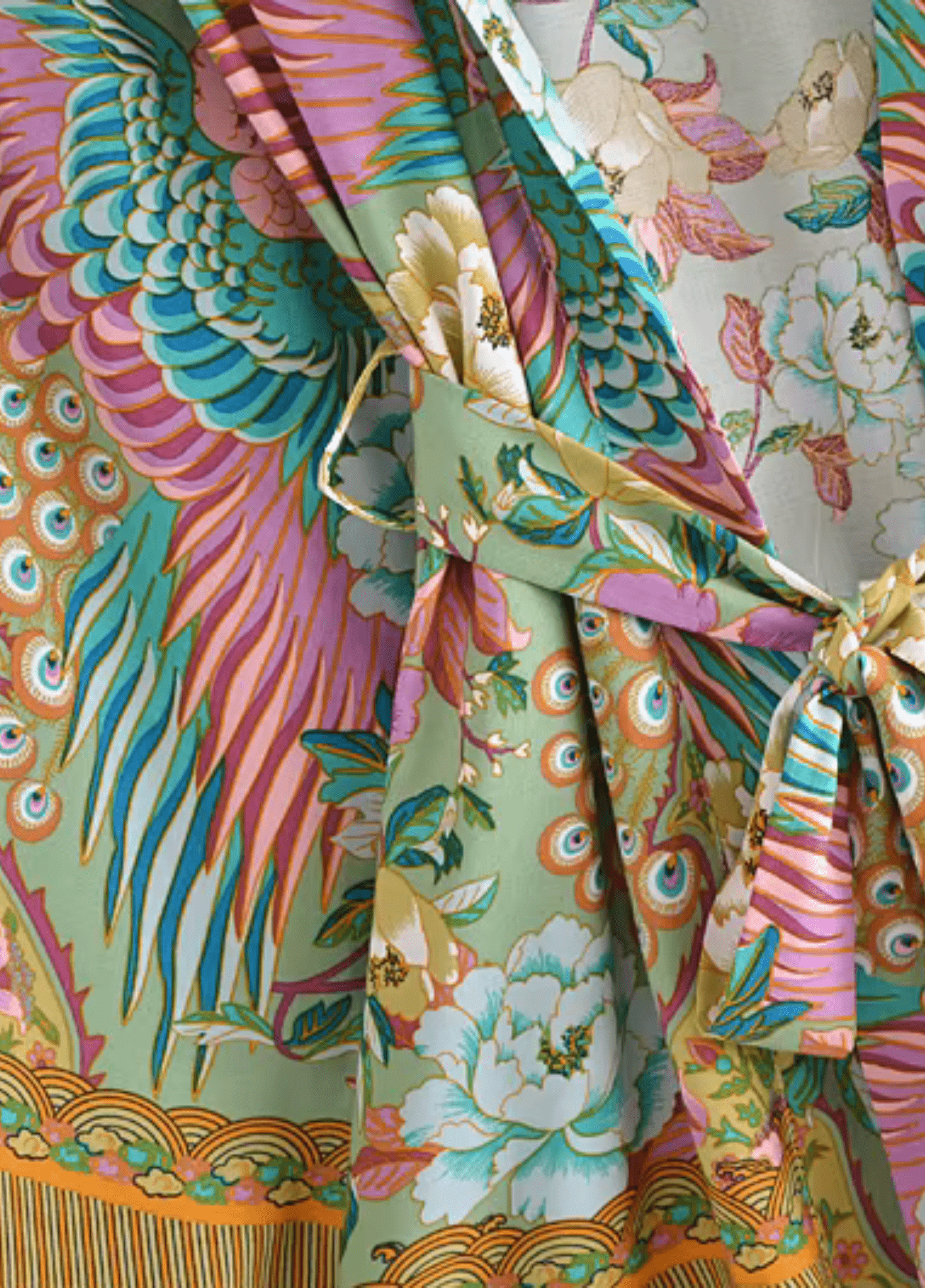 Kimono court femme coton motif chrysanthème pistache