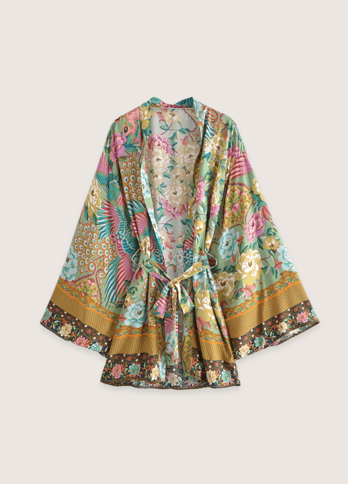 Kimono court femme coton motif chrysanthème pistache