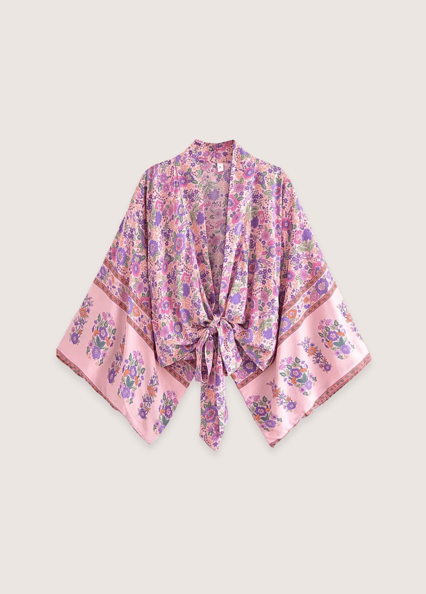 Kimono court femme coton motif pivoine rose